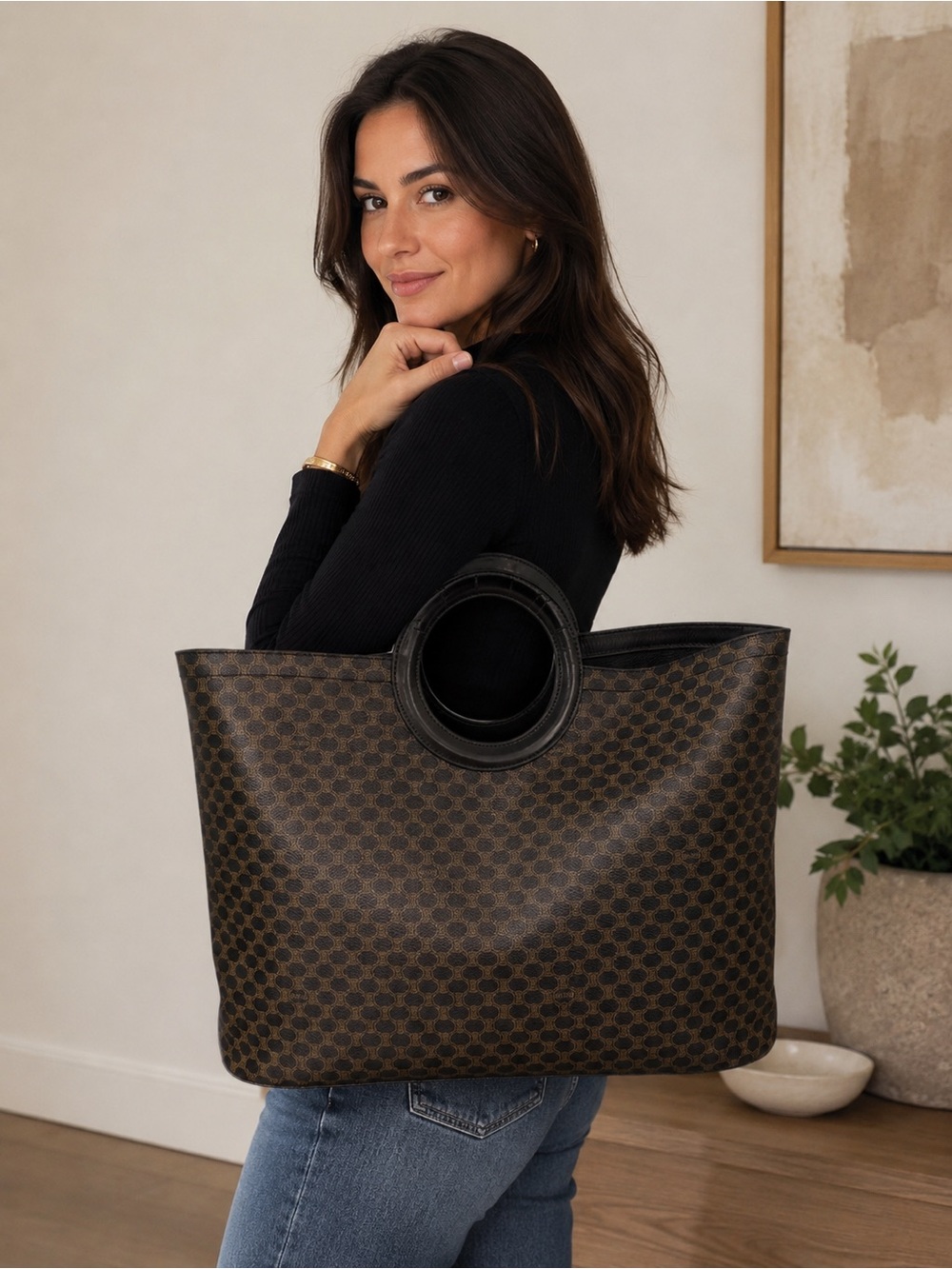 Authentic Celine Macadam monogram coated canvas tote bag black leather